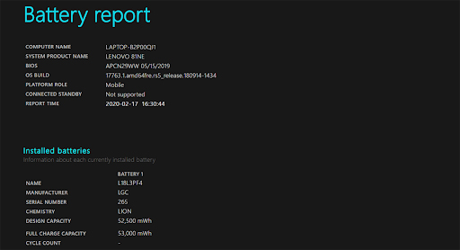 Bảng báo cáo dung lượng pin trên Windows 10